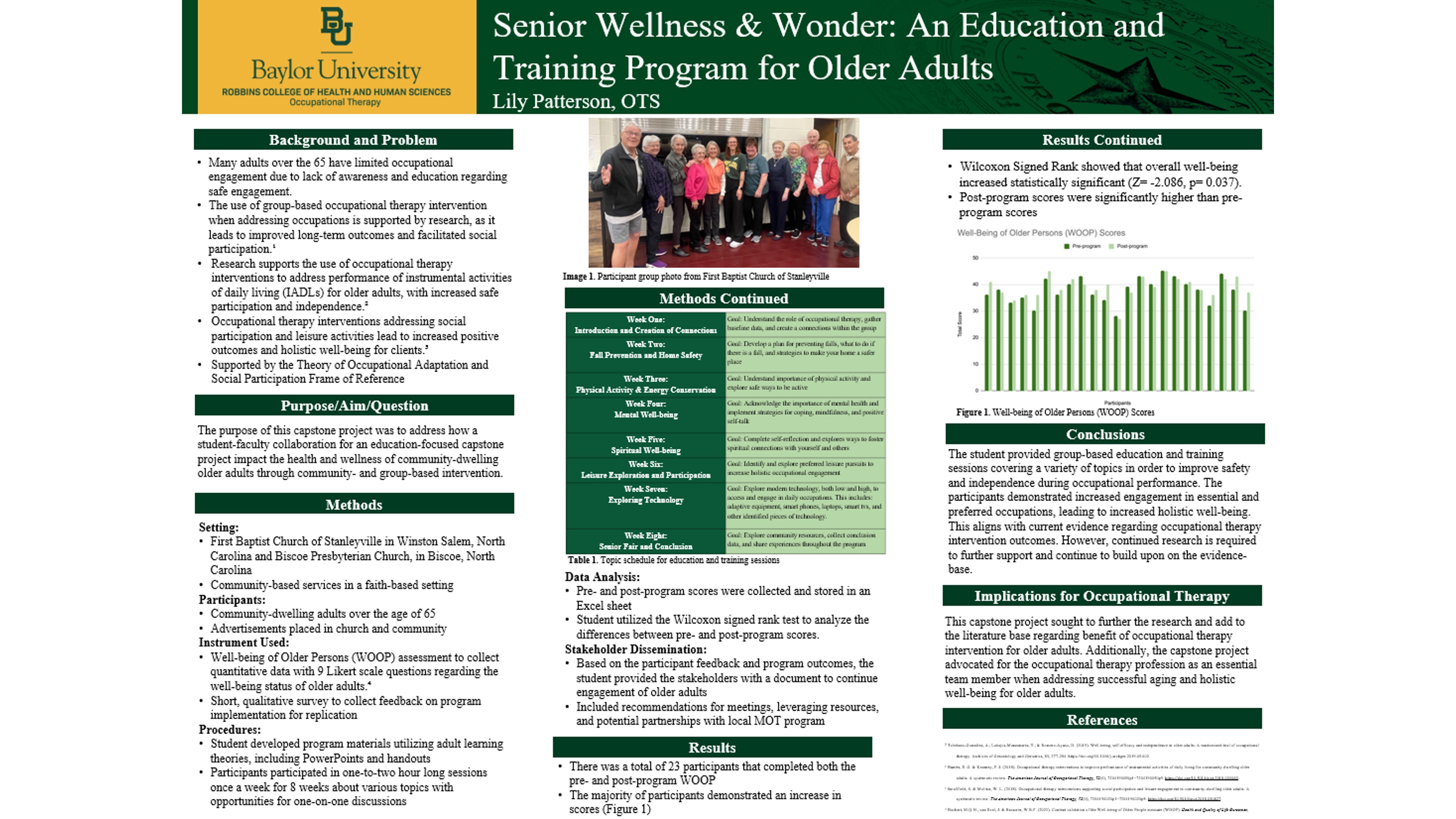 Capstone poster summarizing project on senior wellness through education and training programs.