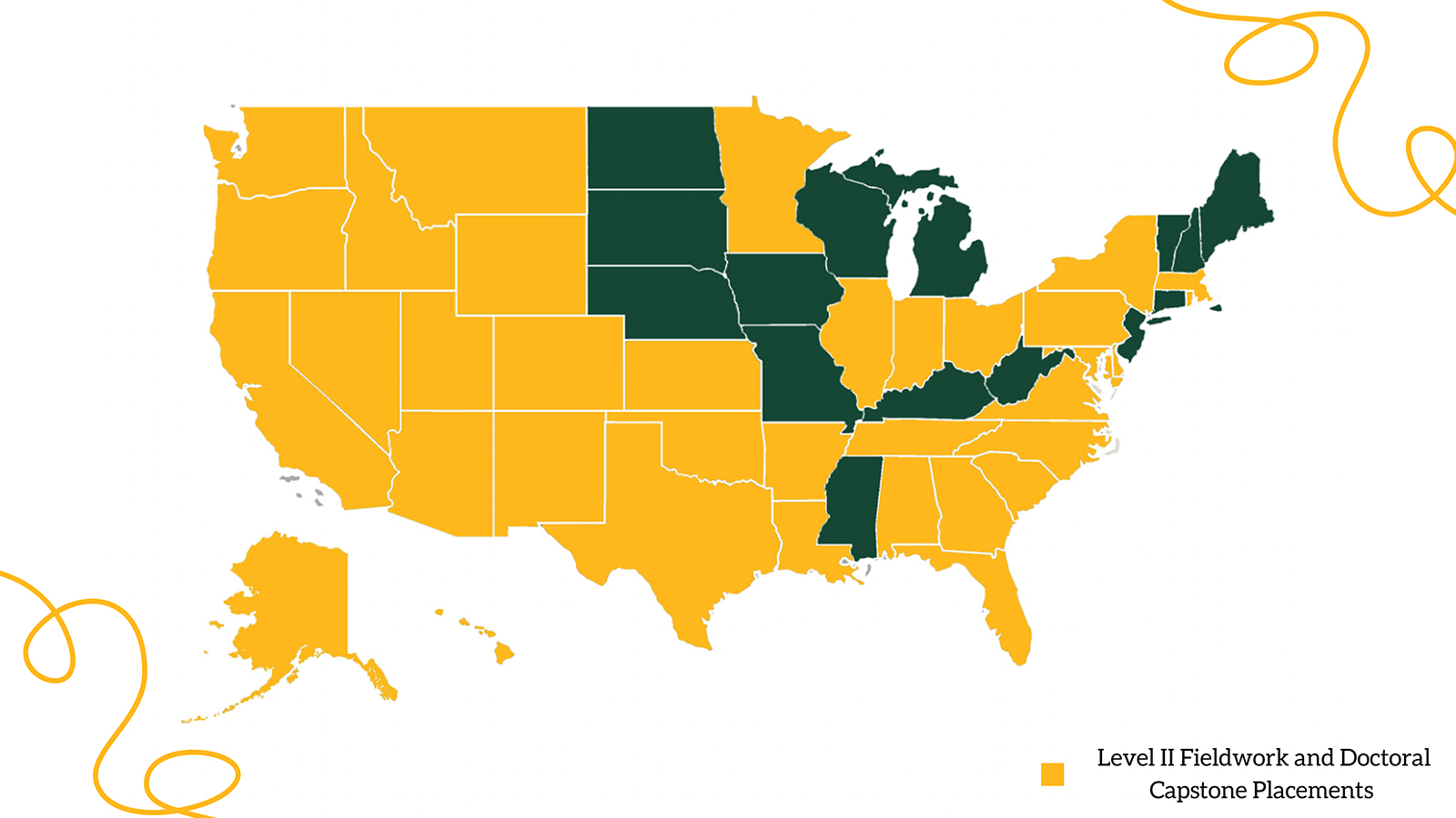 Map of United States showing Level II Fieldwork and Doctoral Capstone placement (in yellow)