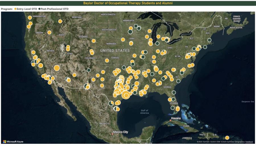 Map of U.S. showing Baylor OT students and alumni locations, with yellow for Entry-Level OTD and green for Post-Professional OTD.