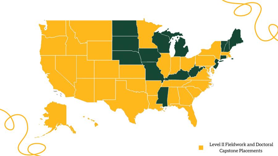 Map of United States showing Level II Fieldwork and Doctoral Capstone placement (in yellow)